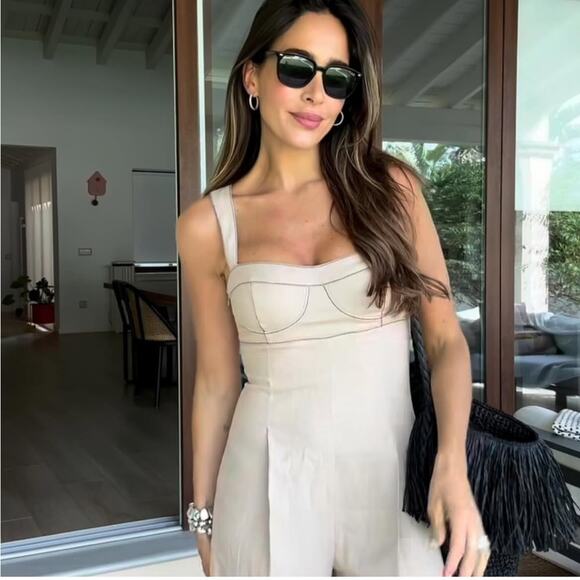 ZARA CONTRAST TOPSTITCHING CORSET LINEN BLEND JUMPSUIT - Picture 10 of 14